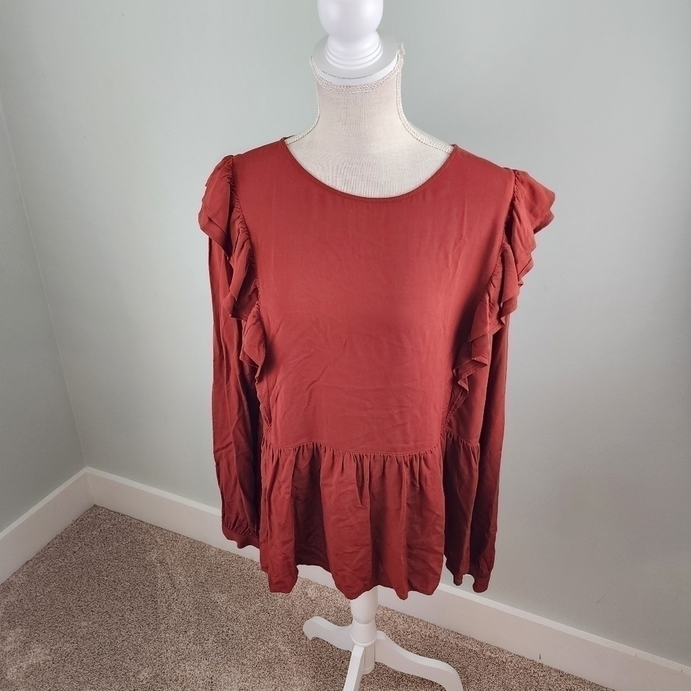 Loft Maroon Ruffle Boho Fall Rayon Top Long Sleeve Size Large - Picture 2 of 12